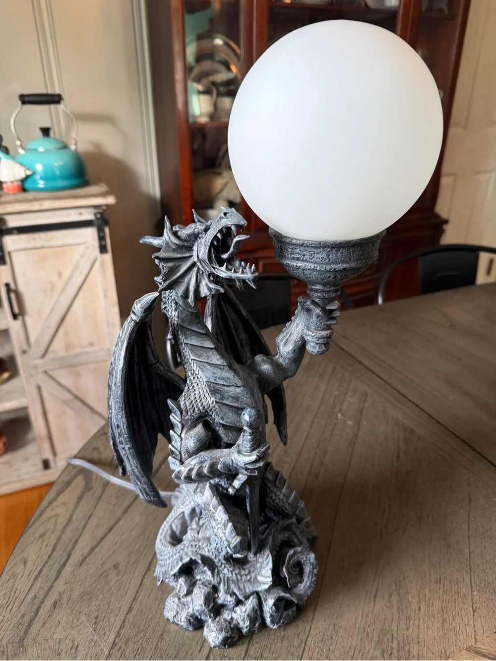 Gothic Dragon Table Lamp in Gray with Warm Globe. From early 2000's.